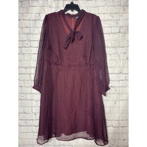 ModCloth Size 22Burgundy Swiss Dot Chiffon Fit Flare Dress Sheer Sleeve Bow Neck